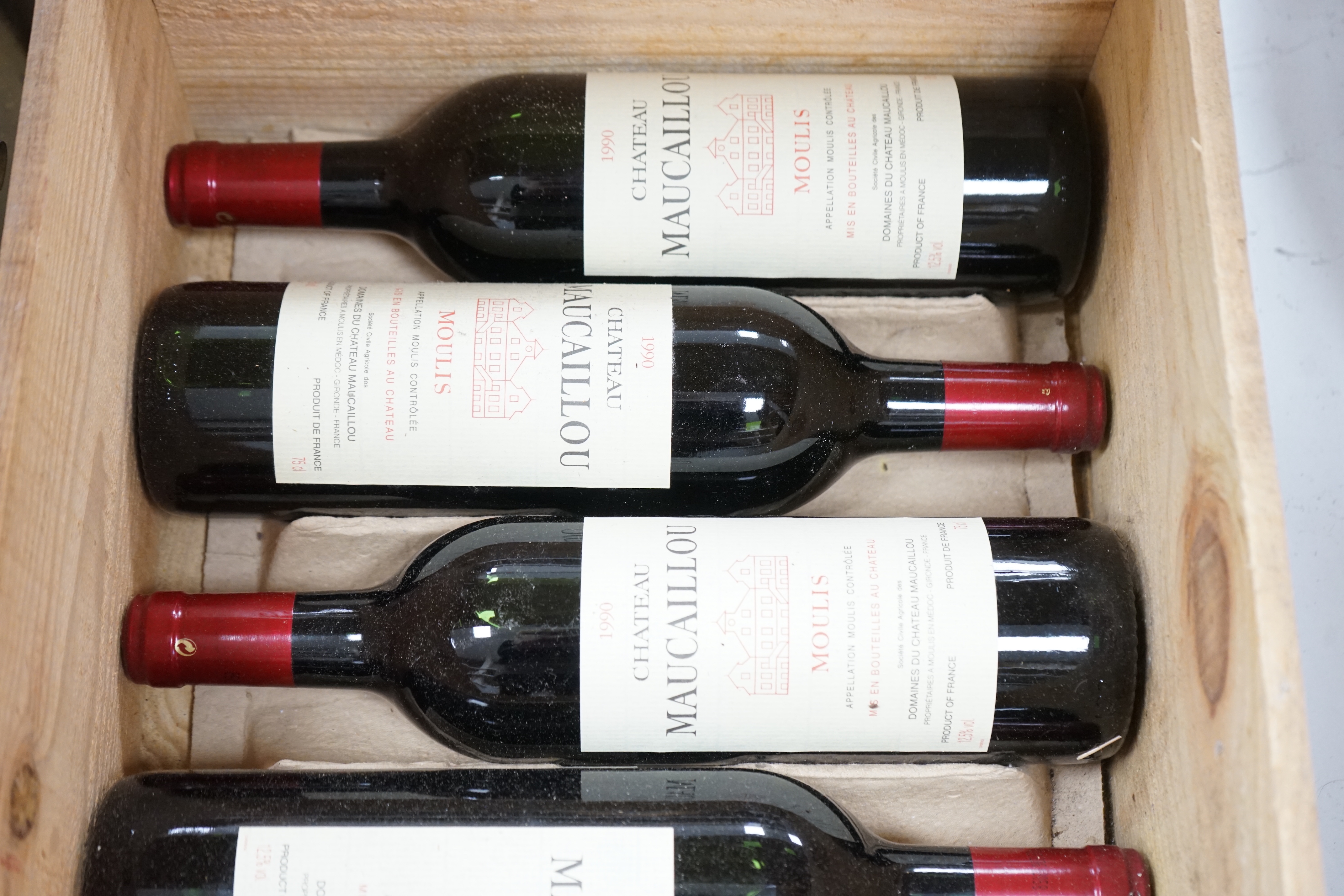 A case of six bottles Chateau Maucaillou, Moulis 1990 wine